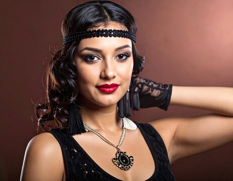 A woman in a black sleeveless dress and headband poses with her hand on her head