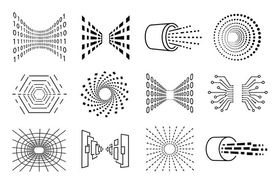 Digital technology icons and data transmission representing binary code, fiber optic streams, network tunnels, and circuit board connections for modern communication concepts