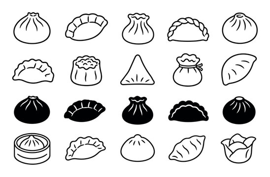 Dumpling and dim sum vector icon set featuring various traditional Asian food designs like gyoza, baozi, wonton, shumai, and khinkali in outline and silhouette styles