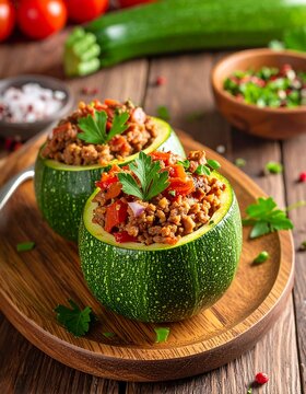 A wooden plate holds two green squash halves filled with meat and vegetables