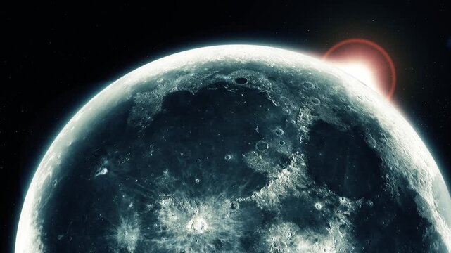 Detailed view of a moon in space with bright sunlight and a glowing flare behind it