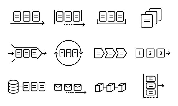 Message queue and data processing line icons representing software architecture, database management, pipeline workflow, sequence processing, and information technology concepts