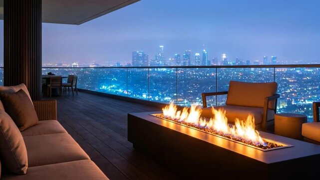 Luxury Balcony Fireplace Overlooking Cityscape at Dusk.