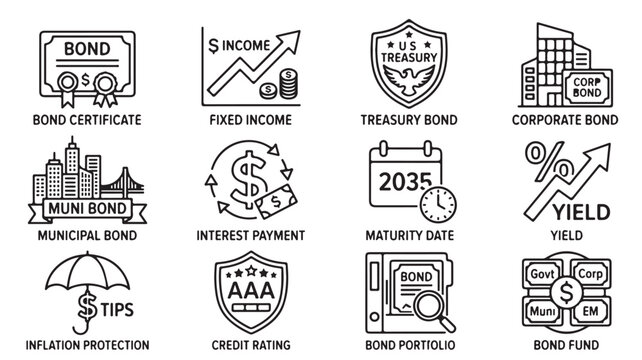 Various Types Of Bonds And Financial Concepts For Investment And Business Illustrations isolated on a transparent background