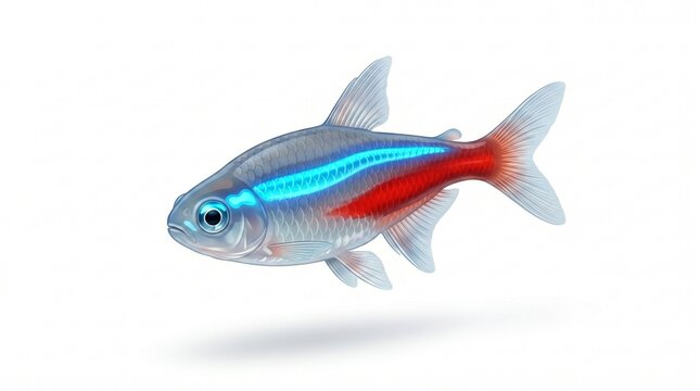 An isolated neon tetra fish side view on white background, vibrant aquarium pet paracheirodon innesi
