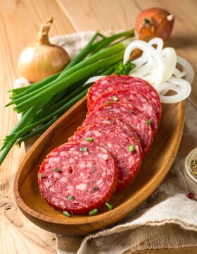 A wooden platter of sliced cured meat with herbs and onions