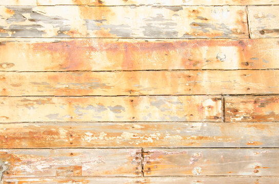 Close-up of weathered hull of old wood boat