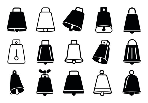 Cowbell icons in vector style featuring various designs of traditional Swiss and alpine bells for farming, livestock, and musical instruments