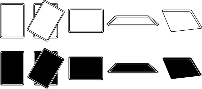 Rectangle sheet pan, also known as baking tray, baking sheet, or baking pan vector icon set with top, angled, stacked and perspective views.flat, line, outline and silhouette styles