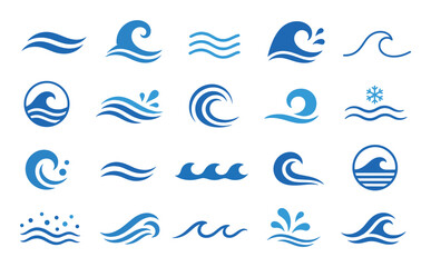Fototapeta premium Blue ocean wave icons and water symbols in various minimalist designs for graphic design, branding, logo creation, and marine-themed decorative elements