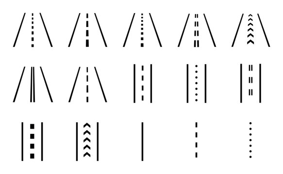 Road line vector icons and highway markings representing different street lanes, asphalt paths, and traffic directions in perspective and top-down views for map design