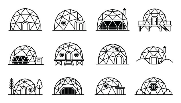 Geodesic dome house line art icon set featuring various spherical eco-home designs, glamping tents, and futuristic architectural structures for modern living concepts