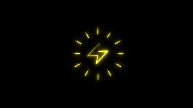 Glowing neon yellow lightning bolt symbol rotating with dash lines around on a black background. Ideal for energy, tech, and fast power concept.