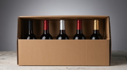 Fototapeta premium Assorted wine bottles rest inside open cardboard box on marble surface. Five glass containers display varied hues. Packaging suggests delivery retail presentation. Minimalist studio setup offers