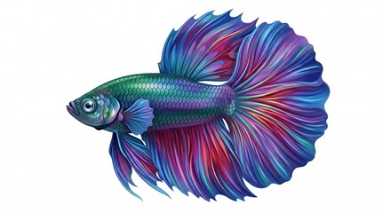 Fototapeta premium Vibrant blue and purple Betta fish illustration with flowing fins isolated on white background high detail aquatic animal design