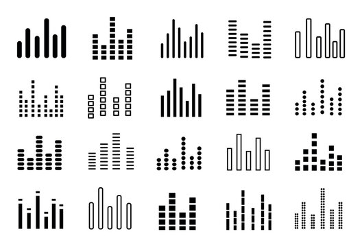 Audio equalizer sound wave vector icon set featuring various digital music signal levels and volume frequency bar designs for audio players and sound editing software