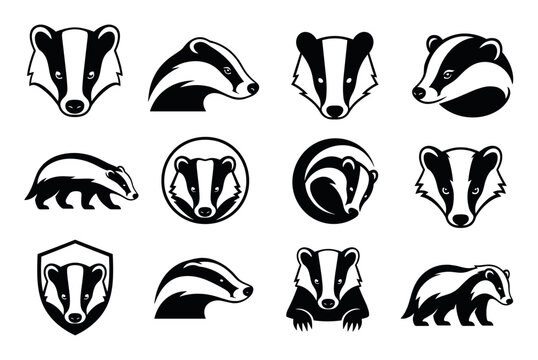 Badger vector logo icons and mascot set featuring various black and white designs of wild animal heads and full body silhouettes