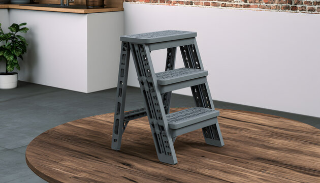 A gray plastic portable step stool, designed for quick access to higher areas in the home or workshop, has been placed on a table. Lightweight and conveniently storable, it offers easy reach.