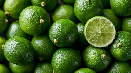 Obraz premium Fresh green limes piled together with one lime cut in half, showcasing the juicy interior and textured skin, arranged on a dark surface