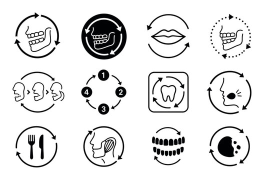 Dental jaw chewing and TMJ function icons set representing mastication process, teeth movement, eating cycle, and oral health care