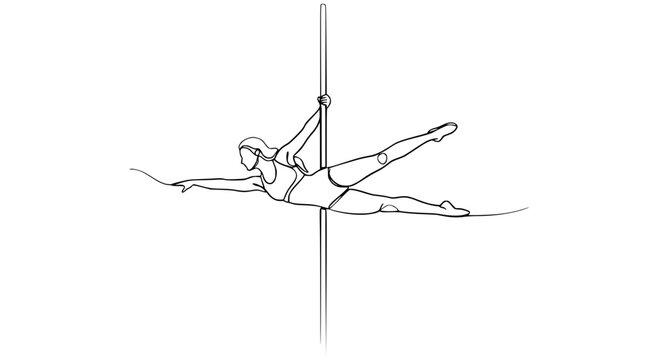 Graceful Woman Performing Pole Dance, Athletic Body, Artistic Movement, Isolated Line Art