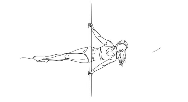 Athletic Woman Performing Pole Dance Routine, Line Art Illustration