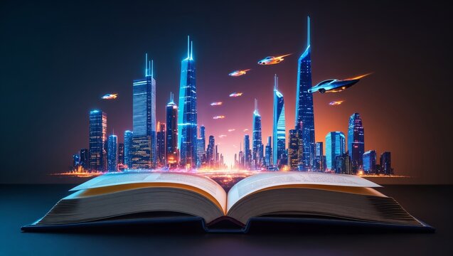 Open book with futuristic city skyline emerging from pages, illuminated skyscrapers and flying vehicles creating a vibrant, imaginative scene