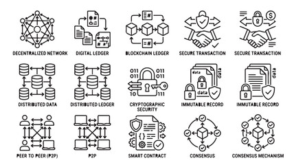 Fototapeta premium Blockchain technology icons set in line style for business and finance in minimalistic design with black and white colors for digital and secure transactions