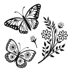 Fototapeta premium Two butterflies and flowers black and white illustration with butterfly, illustration