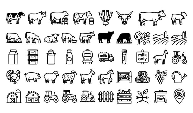 Farm cow outline icon set with dairy cattle livestock and agriculture symbols