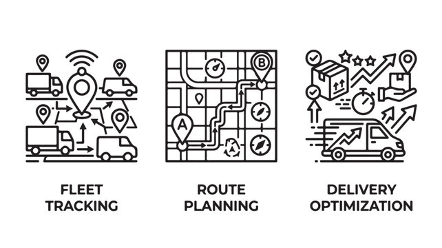 Logistics icons set with fleet tracking route planning and delivery optimization in line style for business transportation