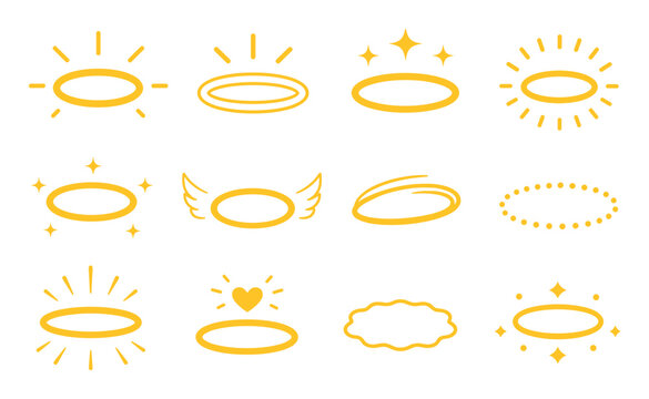 Yellow angel halo vector icon set featuring various designs with stars, wings, hearts, and glowing rays for holy, divine, and heavenly graphic design elements