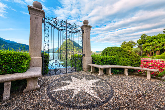 The Lugano gate in Ciani park on Lake Lugano, Switzerland