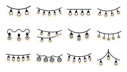 Fototapeta premium Hanging light bulb garland vector icon set featuring various decorative glowing string lights for festive party celebrations and holiday event designs