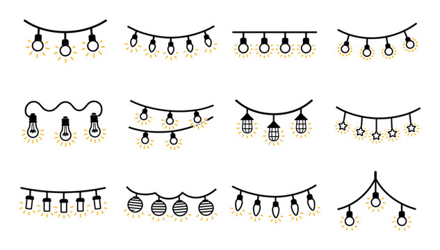 Hanging light bulb garland vector icon set featuring various decorative glowing string lights for festive party celebrations and holiday event designs