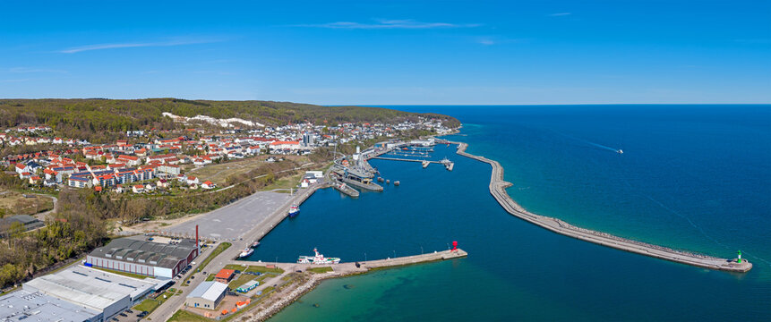 Aerial panoramic view of town Sassnitz at the Baltic Coast (Island Rugia, Germany)