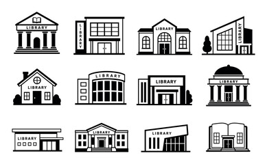 Naklejka premium Library building icons set in black and white style featuring various architectural designs from classical structures with columns to modern minimalist educational facilities