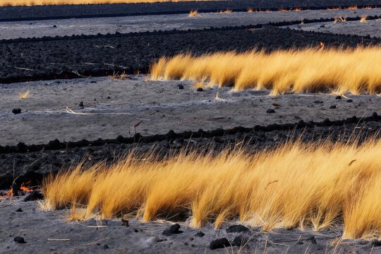 Dry yellow grass grows on scorched earth. Patches of black soil show signs of recent fire. Rural landscape in winter season has new growth. This scene shows natural resilience.