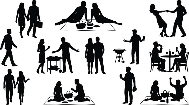 Outdoor Picnic and Summer BBQ Silhouette Icon Set with Couples Having Romantic Blanket Dates Grilling Food Dancing and Drinking Wine
