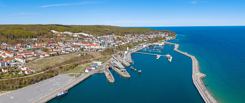 Aerial panoramic view of porttown Sassnitz at the Baltic Coast (Island Rugia, Germany)
