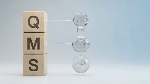 Quality Management System 3D render featuring wooden cubes with QMS text linked to translucent icons for business standards and certification