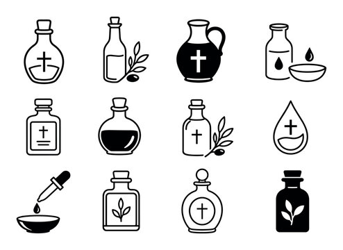 Holy oil bottle icons with Christian crosses and olive branches representing sacramental chrism, religious blessings, and spiritual anointing in a clean minimalist line art style