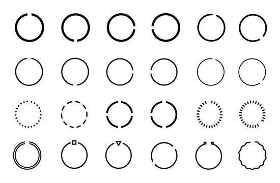 Landolt C broken ring optotypes and various circular dashed line vector icons for visual acuity testing, ophthalmology eye examination charts, and graphic design