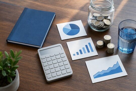 Personal finance cash flow planning desk with calculator, abstract gra