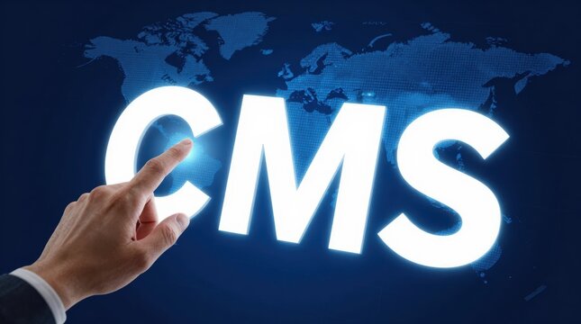 Hand pointing at CMS letters with a world map background