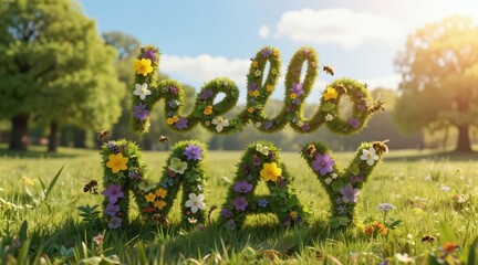 Obraz premium Floral Hello May text sits amid vibrant meadow. Bees fly around letters formed from grass flowers. Sunny spring landscape radiates warmth joy renewal. Rich green plants creates idyllic scene perfect