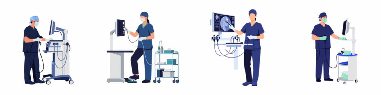 Flat vector illustrations of medical professionals performing endoscopic and laparoscopic surgeries using advanced digital equipment in modern clinical settings.