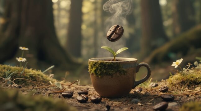 Magical coffee bean floats above rustic mug in forest floor. Tiny plant sprouts from mossy cup surrounded by scattered beans. Illustration conveys wonder, enchantment, cozy morning ritual. Perfect