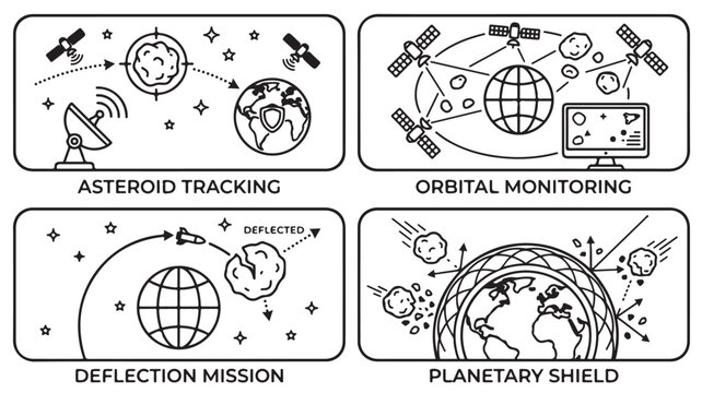 Space asteroid tracking and deflection mission illustrations in line art style with black and white color scheme for educational and presentation use