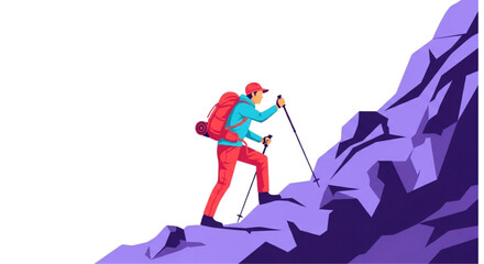 Naklejka premium Backpacker hiker walking on a mountain trail during summer trip 